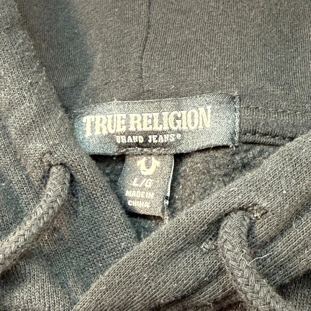 True Religion Men's Size Large Black Hoodie Gold Logo Pullover Sweatshirt